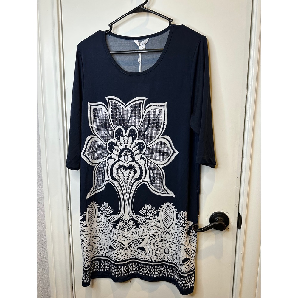 5th & Love Navy Ecru Floral Rhinestone Tunic Dress 3/4 Sleeve Small 9374 NWT